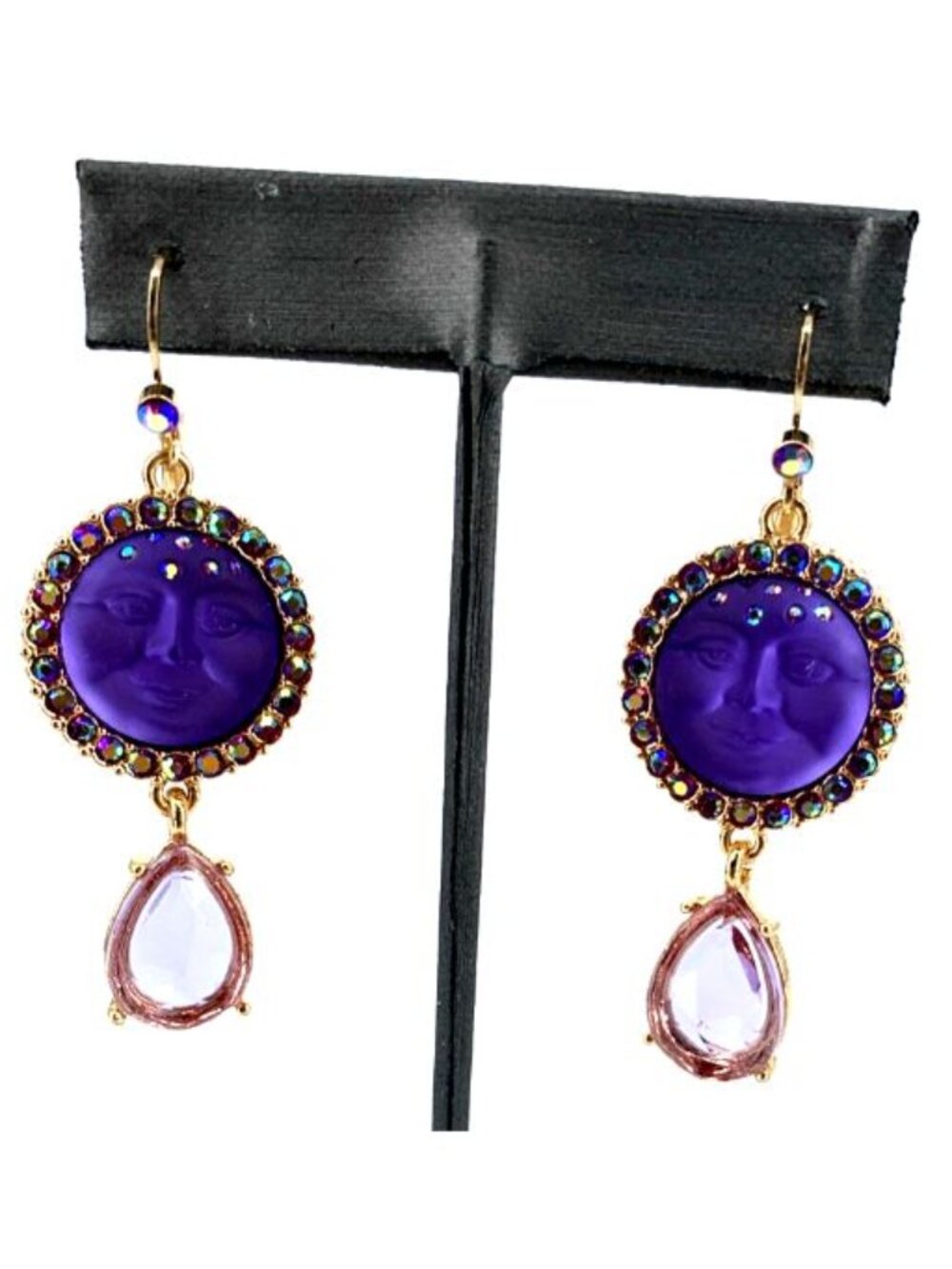 Kirk’s Folly Earrings Purple Moon Face Celestrial Rhinestones 2.50"